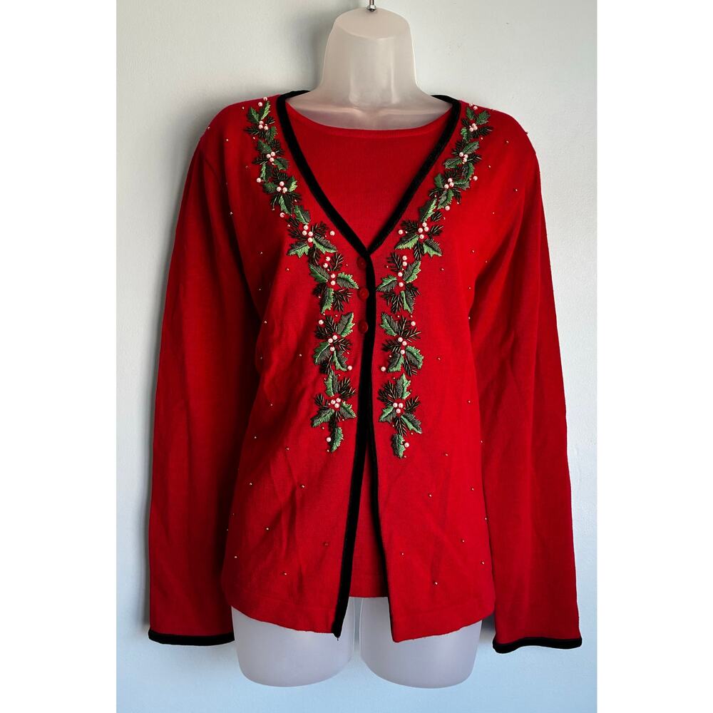 Vintage Victoria Jones Red Embroidered Garland Velvet Trim Beaded Top Medium
